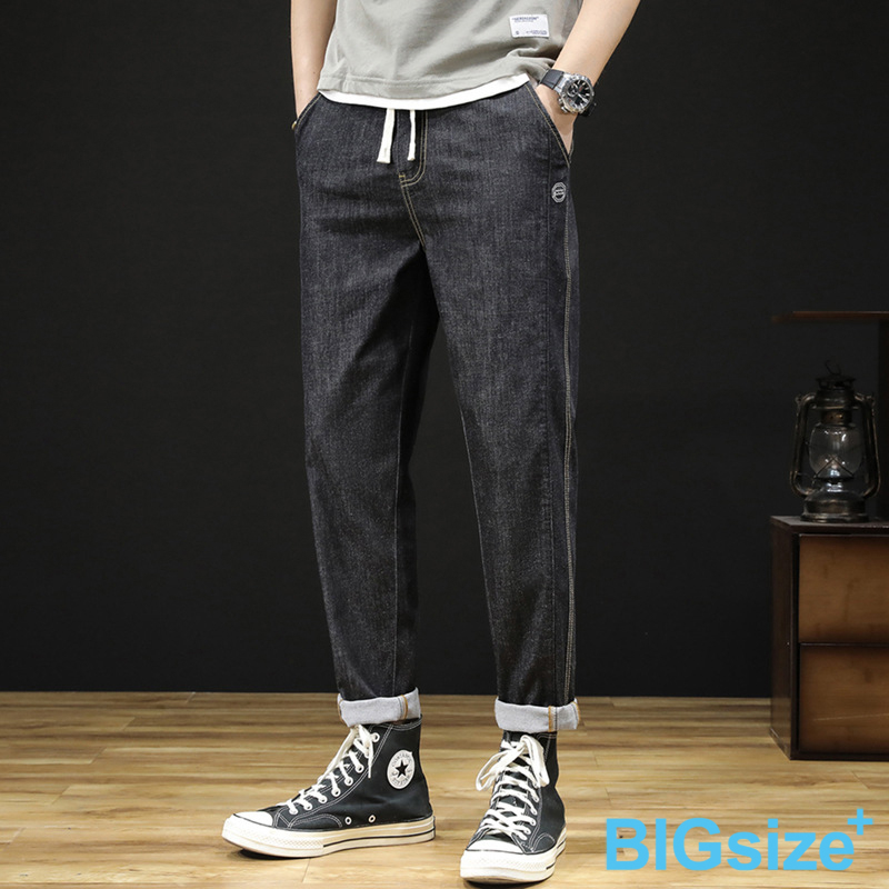 大尺碼-天絲棉涼感 彈性 牛仔褲-黑/深藍-0203030, 32深藍, large