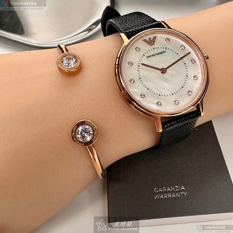 [星晴錶業]ARMANI手錶,30mm,AR00065貝母錶面玫瑰金錶殼深黑色真皮皮革錶帶款, , large
