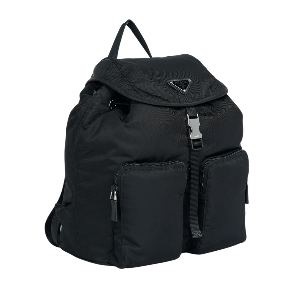 PRADA 三角牌Logo 尼龍雙口袋後背包/黑色, , large