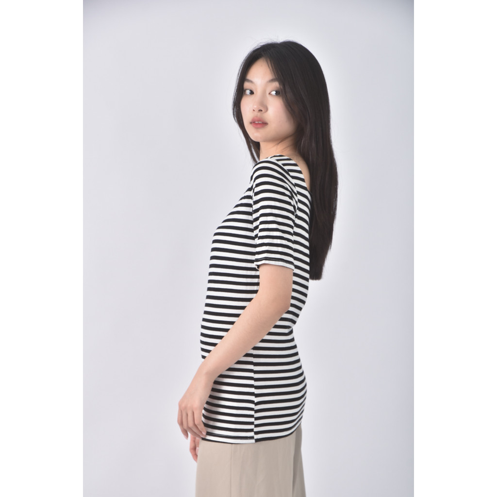 (S) ob style條紋斜領白色短袖上衣二手衣, , large