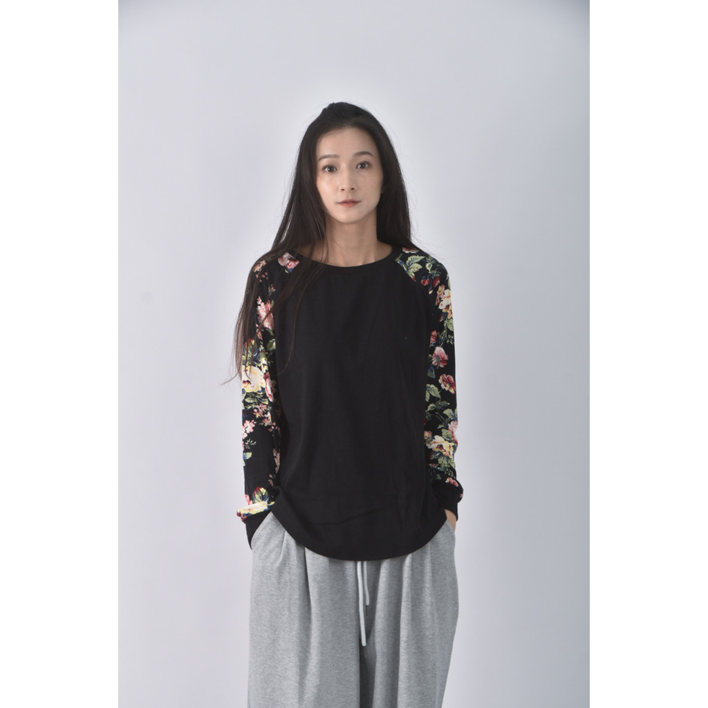 (L) shein花卉黑色長袖上衣二手衣, , large