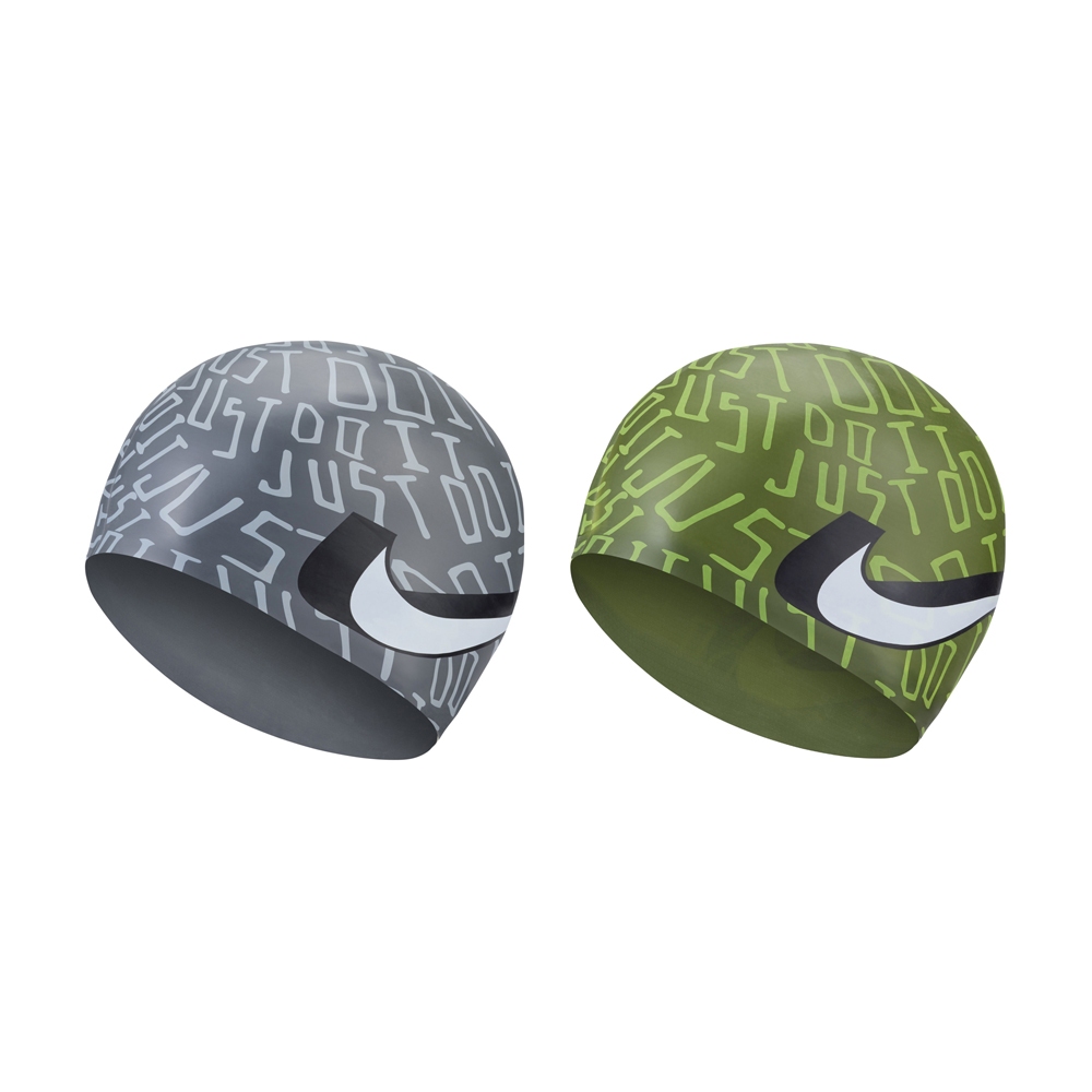 NIKE JDI 成人矽膠泳帽 競賽 比賽 訓練 戶外運動 泳池 文字圖樣 低過敏 彈性 舒適 矽膠 貼合 耐用 灰 綠