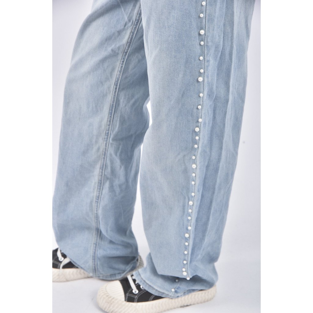 (S) jeans高腰丹寧牛仔質感棉質珍珠藍色長褲二手衣, , large