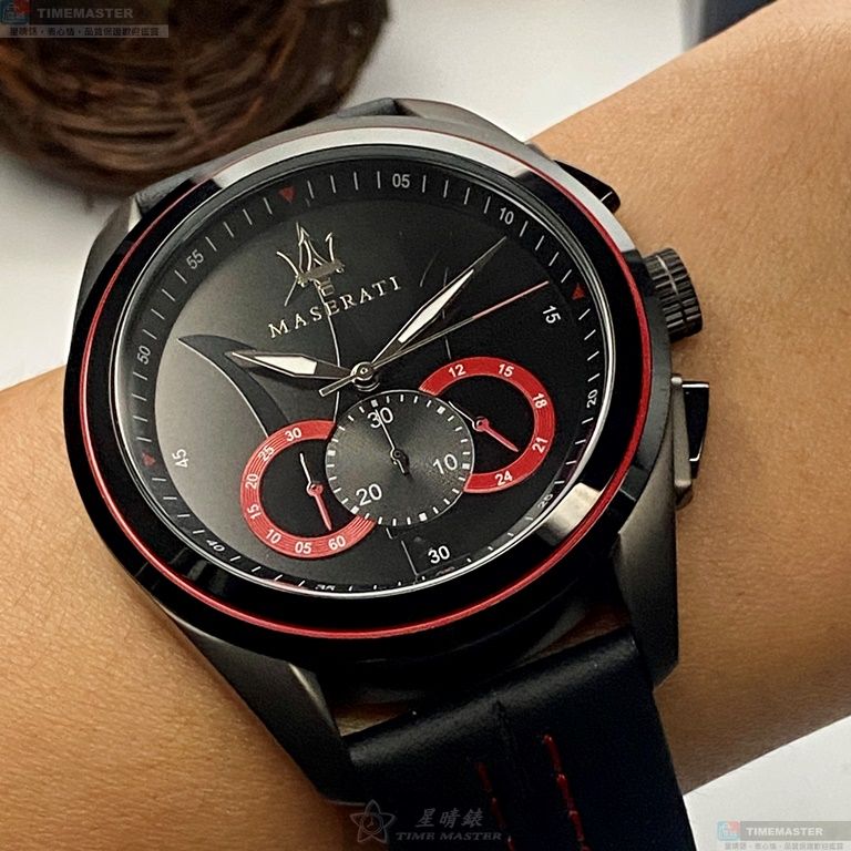 [星晴錶業]MASERATI手錶,46mm,R8871612023黑色錶面黑錶殼黑紅色真皮皮革錶帶款, , large