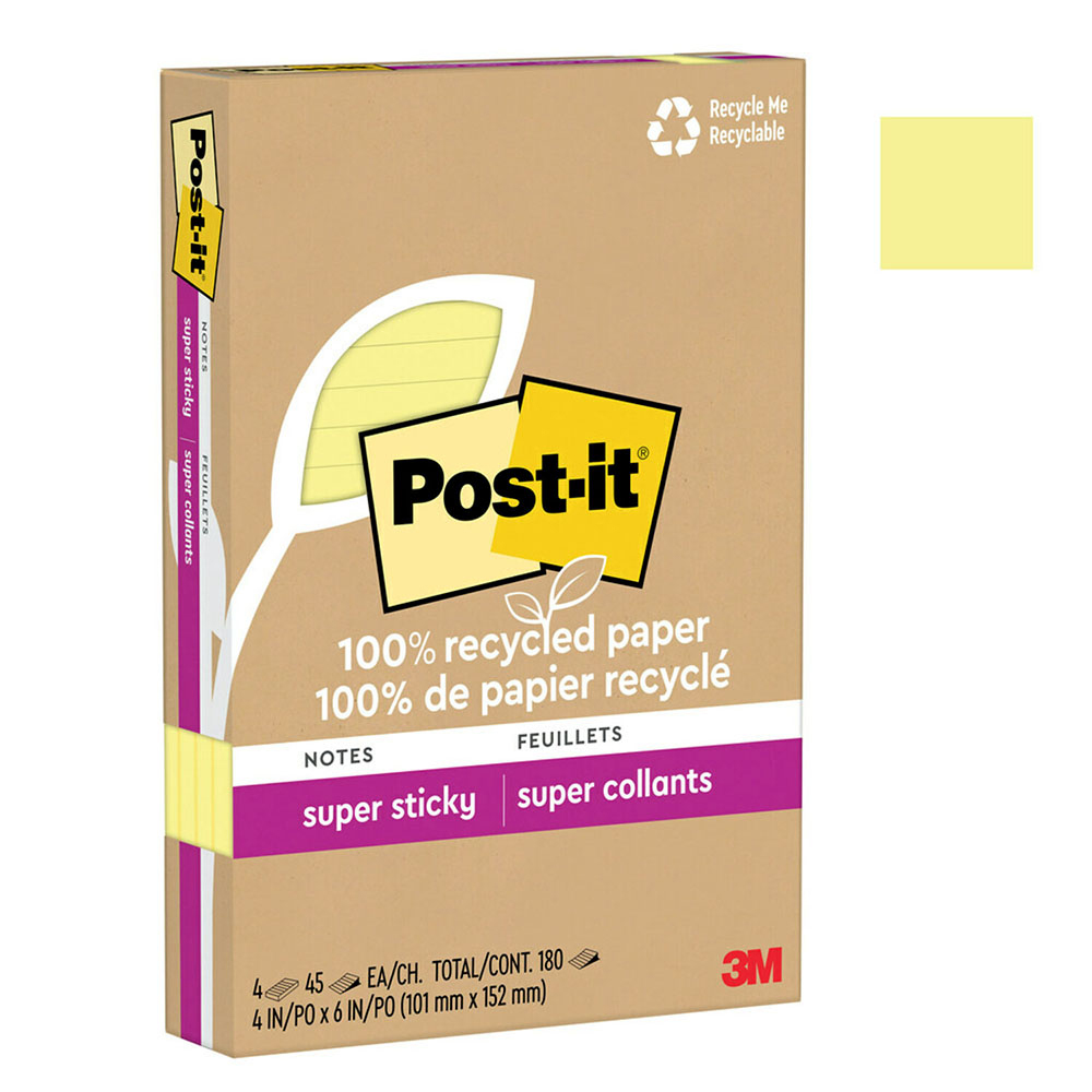 【3M】Post-it 利貼 狠黏 環保橫格便條紙 101x152mm（45張 /本）黃色4本 /盒 4621R-4SSCY, , large