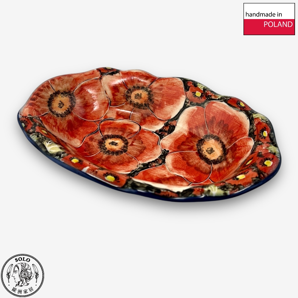 【SOLO Vintage】Cerraf Polish Pottery 26cm Oval Plate Crimson Sunset Floral Whisper Series Made in Poland, , large