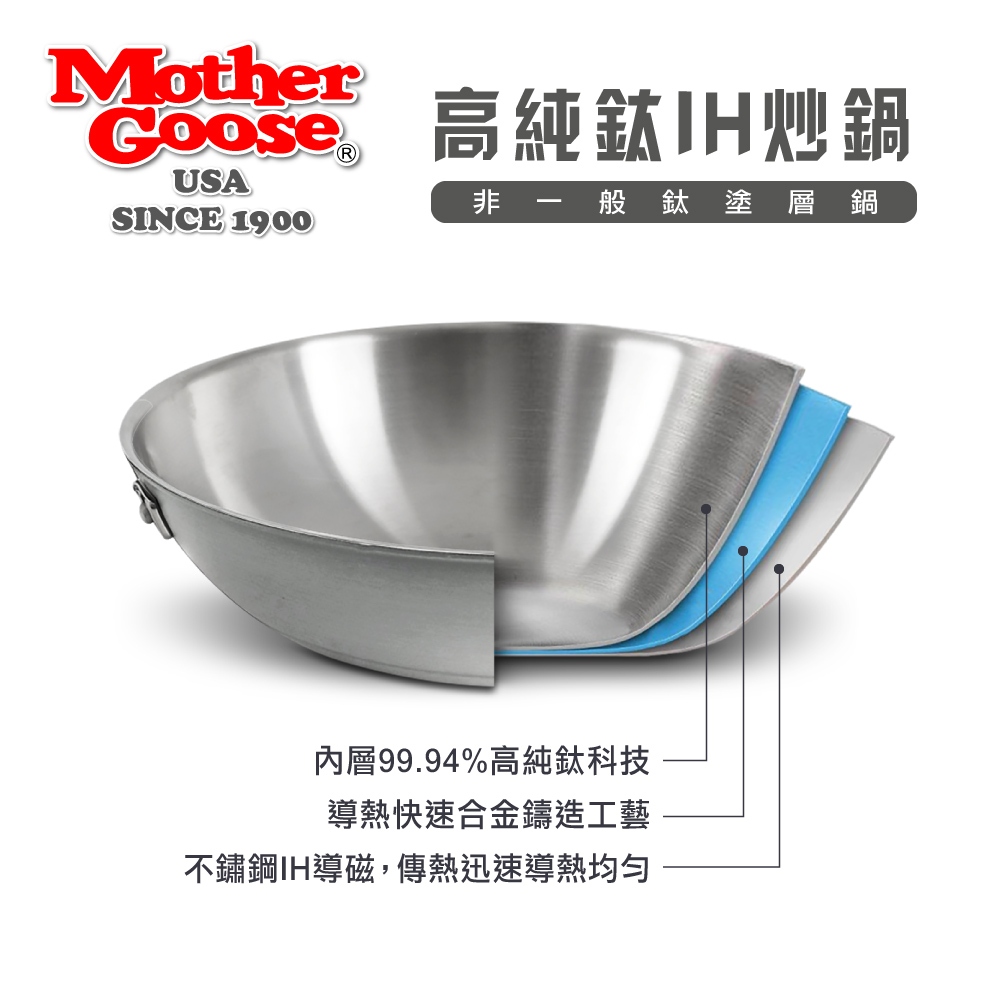 【美國MotherGoose鵝媽媽】二代99.94%高純鈦複合金 IH物理不沾炒鍋33cm, , large