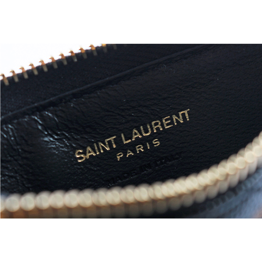 YSL 山形紋荔枝皮金字Logo拉鍊卡片/零錢夾/黑色, , large