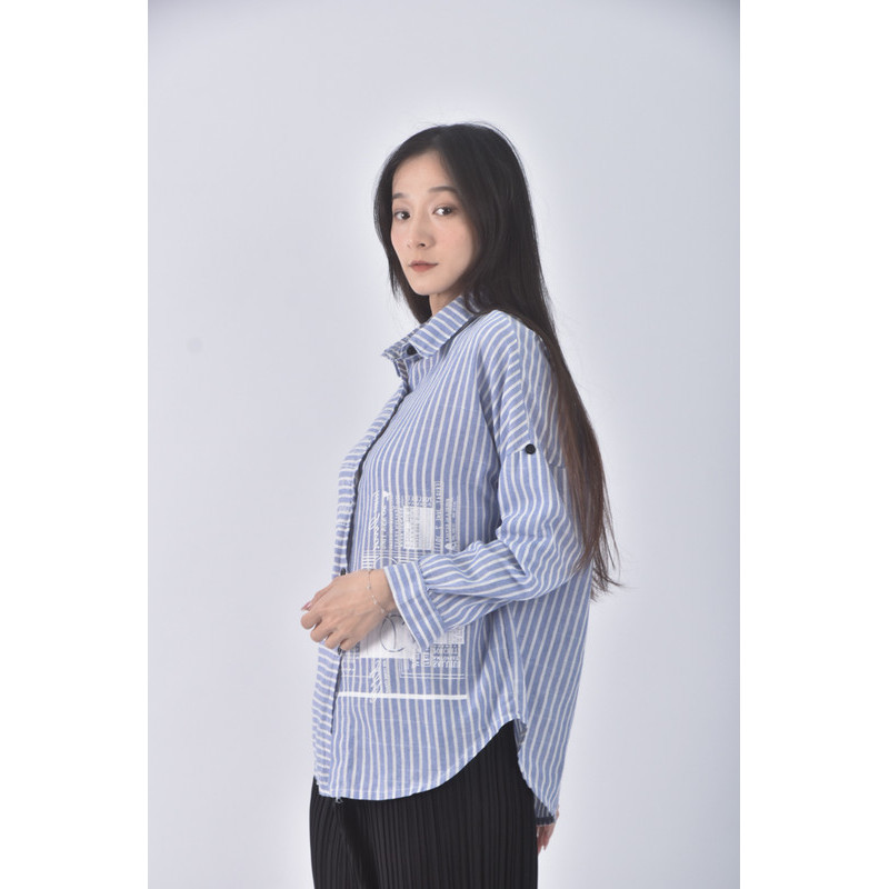 (F) fashion classic質感條紋藍色長袖上衣二手衣, , large