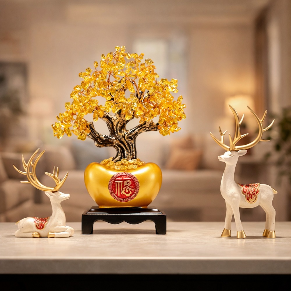 【A&R】招財開運 金黃水晶發財樹元寶聚寶盆擺飾, , large