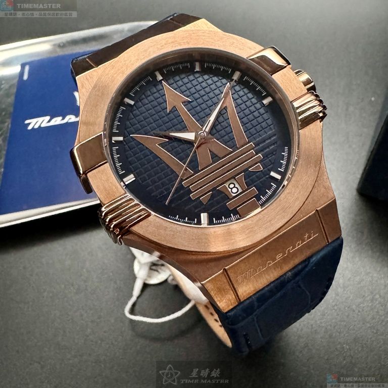 [星晴錶業]MASERATI手錶,42mm,R8851108027寶藍色錶面玫瑰金錶殼寶藍真皮皮革錶帶款, , large