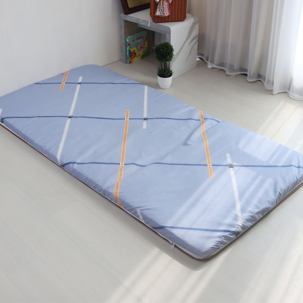 【台灣製造】四季亞藤透氣床墊 厚度5cm 單人3尺｜蔚藍格線｜ 雙面可翻 涼感蓆面 三折床墊 亞藤涼蓆, , large