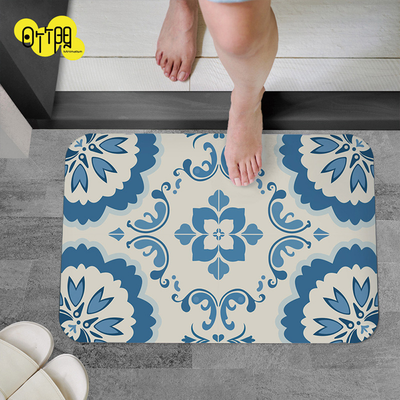 【Monster】 Soft Diatomaceous Earth Absorbent Mat – White & Blue Tiles (60x40cm), , large