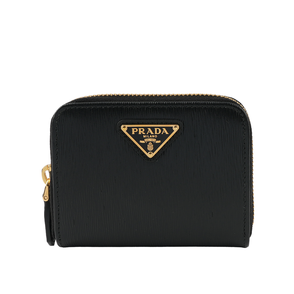 PRADA 三角牌Logo 水波紋皮革零錢包/黑色, , large