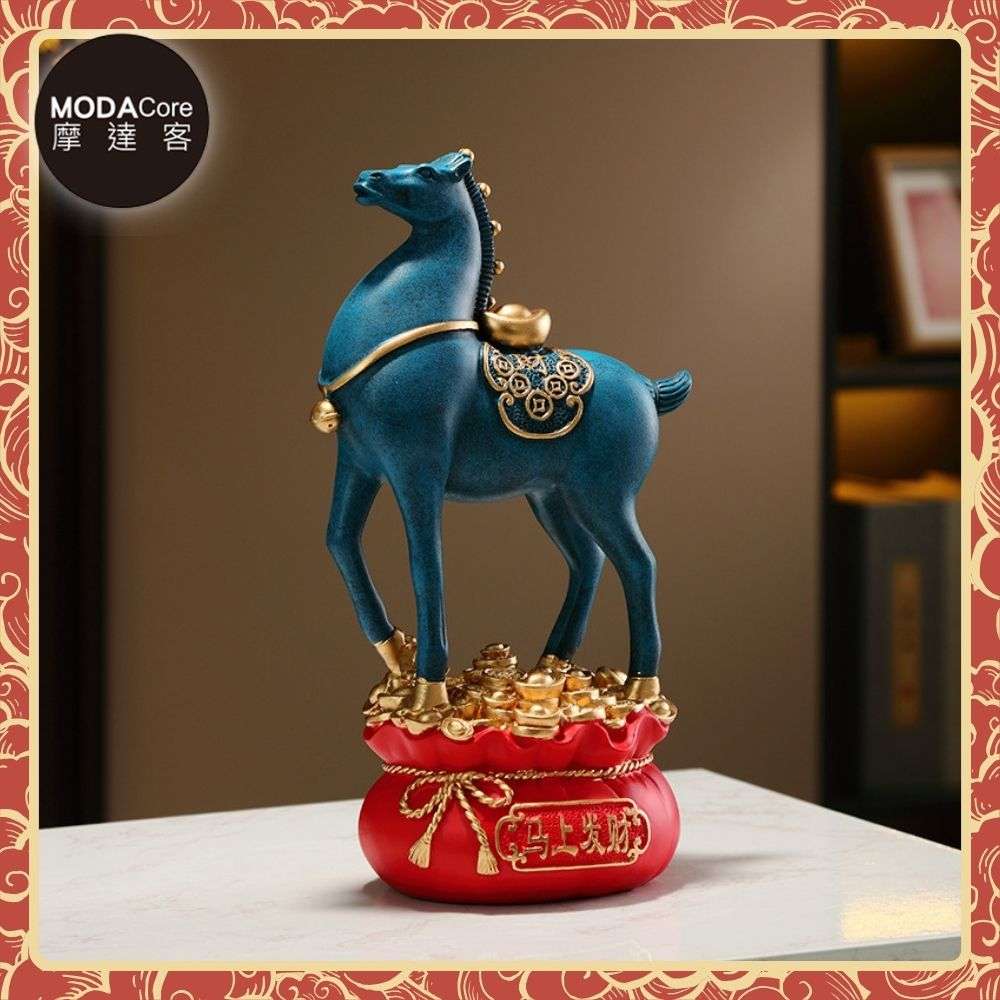 摩達客◉開運招財◉精緻創意唐彩風藍色寶馬上招財聚寶盆風水擺飾 辦公室事業 客廳玄關 春節禮品工藝, , large
