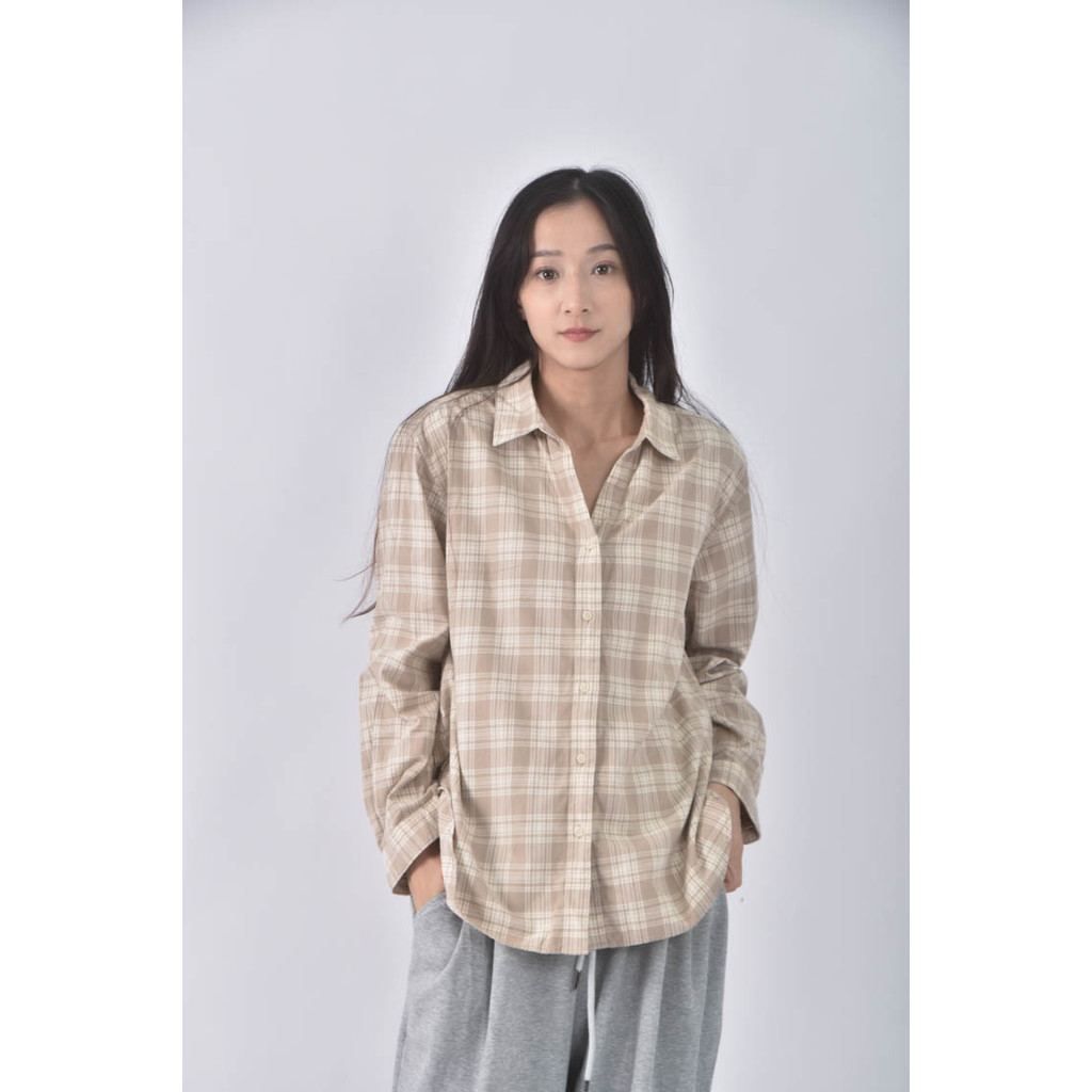 (L) uniqlo棉質格紋杏色長袖上衣二手衣, , large