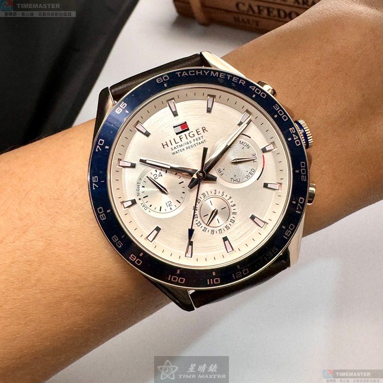 [星晴錶業]TommyHilfiger手錶,46mm,TH00053銀白錶面寶藍錶殼咖啡色真皮皮革錶帶款, , large