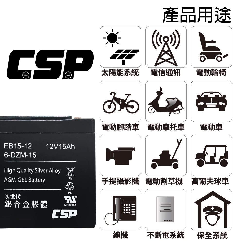 電動車電池 EB15-12 x4顆(箱) 電動腳踏車電池 電動自行車 銀合金膠體電池12V15Ah/等同6-DZM-15【CSP】, , large