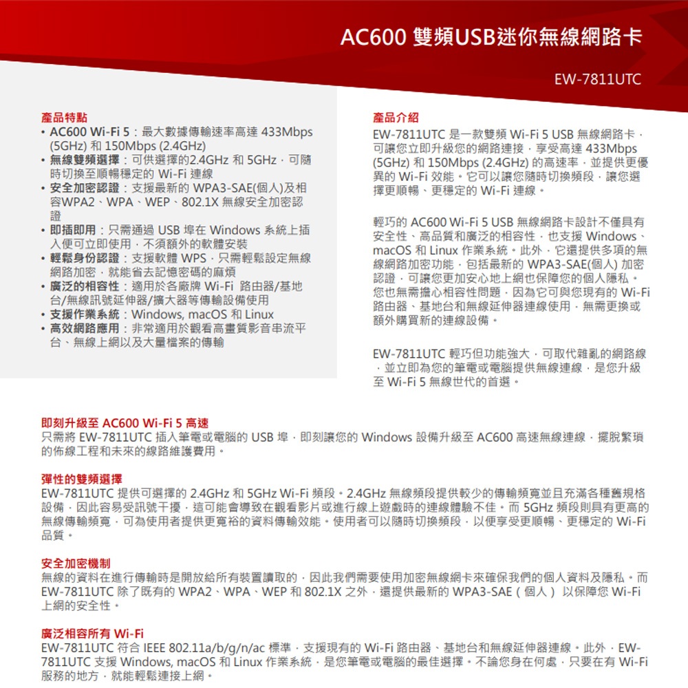 昌運監視器 EDIMAX 訊舟 EW-7811UTC AC600 AC N600M 雙頻USB迷你無線網路卡, , large