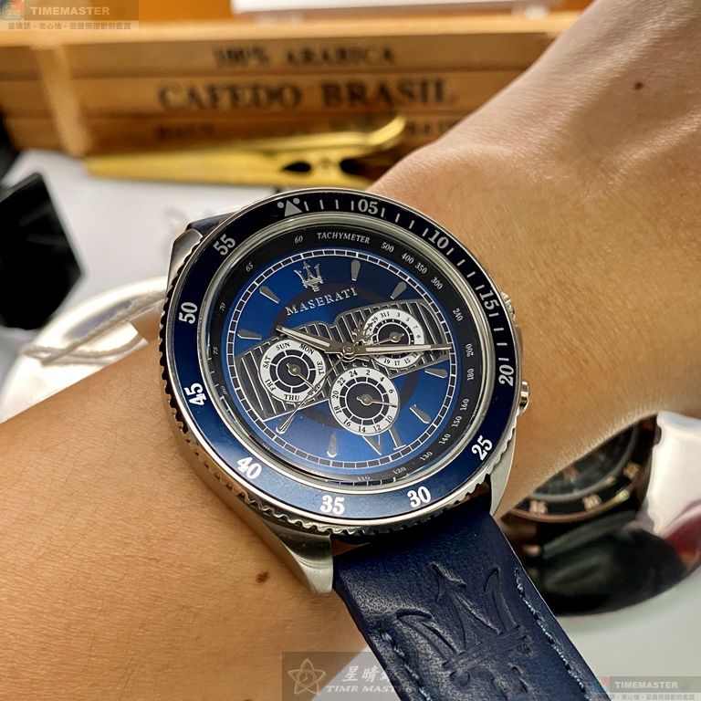 [星晴錶業]MASERATI手錶,46mm,R8851101002寶藍色錶面寶藍錶殼寶藍真皮皮革錶帶款, , large