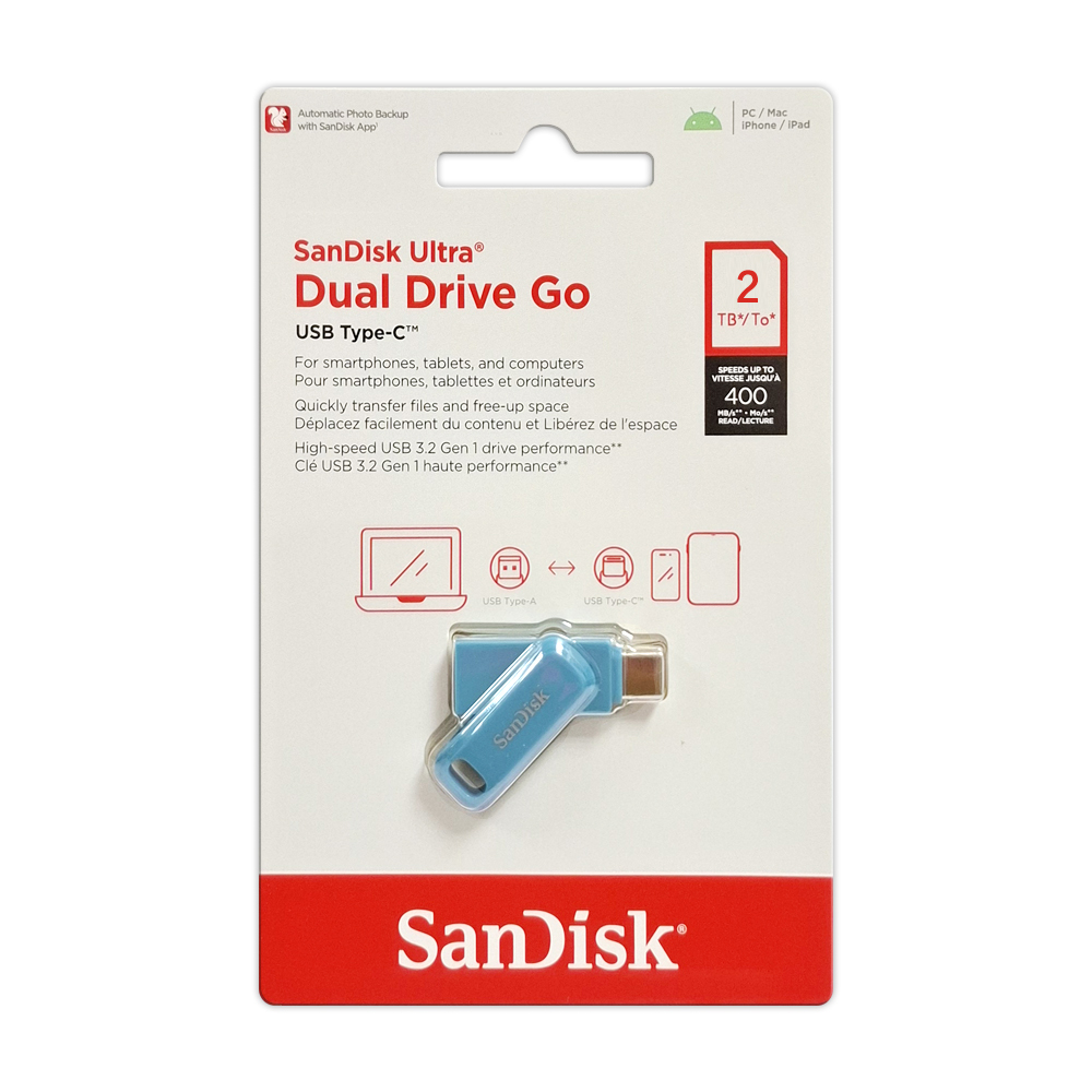 【SanDisk】Ultra GO 2TB 海灣藍 TYPE-C USB 3.2 雙用 OTG 旋轉隨身碟 讀取速度 400MB/s, , large