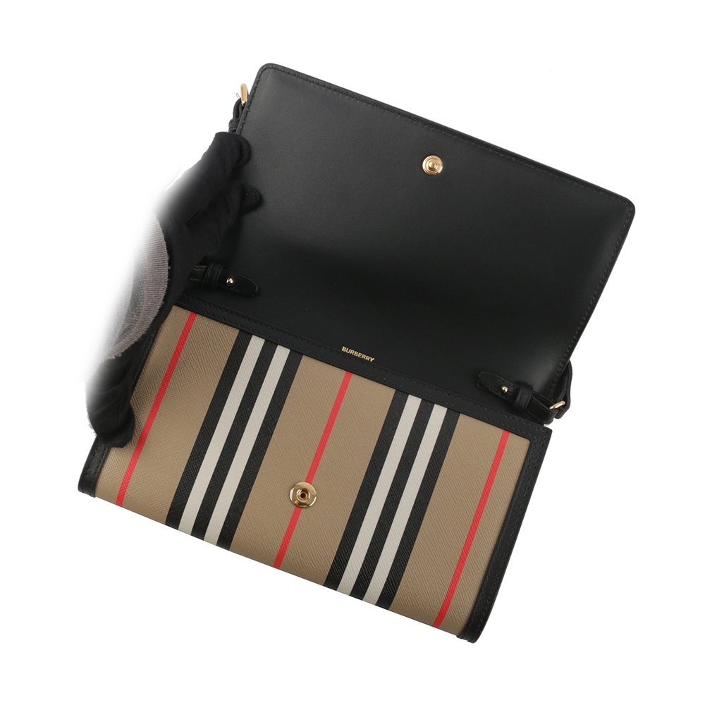 BURBERRY Hannah Icon Stripe 經典條紋皮夾式斜背包/米色/黑色, , large