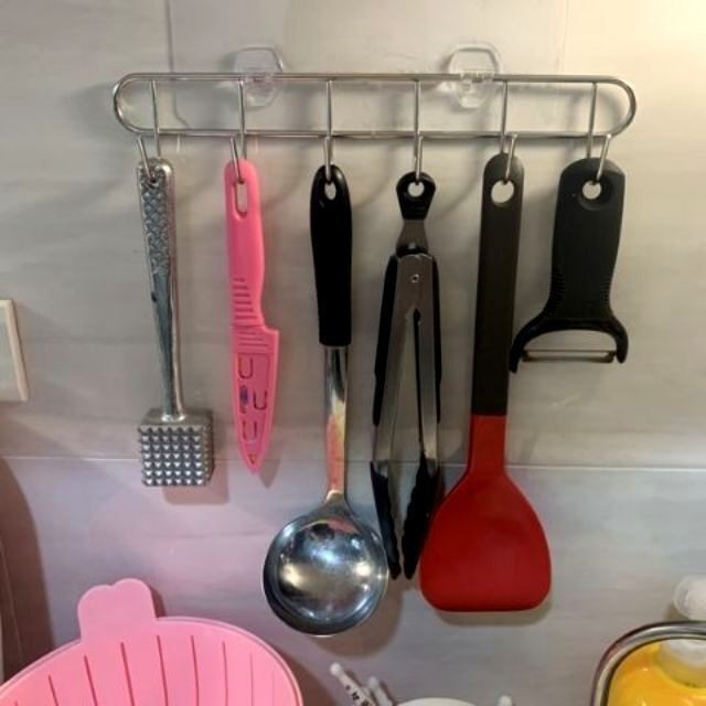 [熊好貼國際]多功能6連勾(SGS認證304不鏽鋼)無痕掛勾 凹凸紋路牆面可貼(超黏貼) 鍋鏟 瓢盆 廚房收納 掛鉤, , large