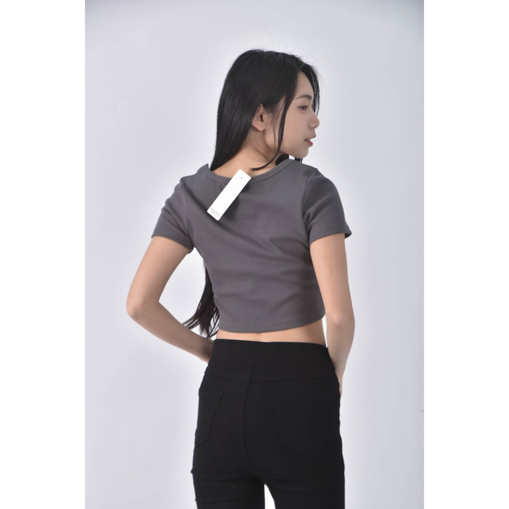 (S) 【粿粿私服】gu修身短版棉質羅紋灰色短袖上衣二手衣, , large