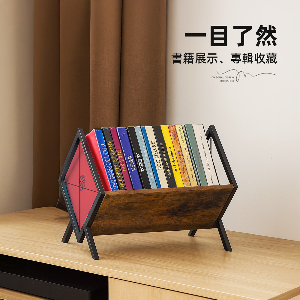 【上手家居】簡樸斜插展示書架 重燒木紋(桌面置物架/cd展示架/黑膠展示架/桌上書架), , large