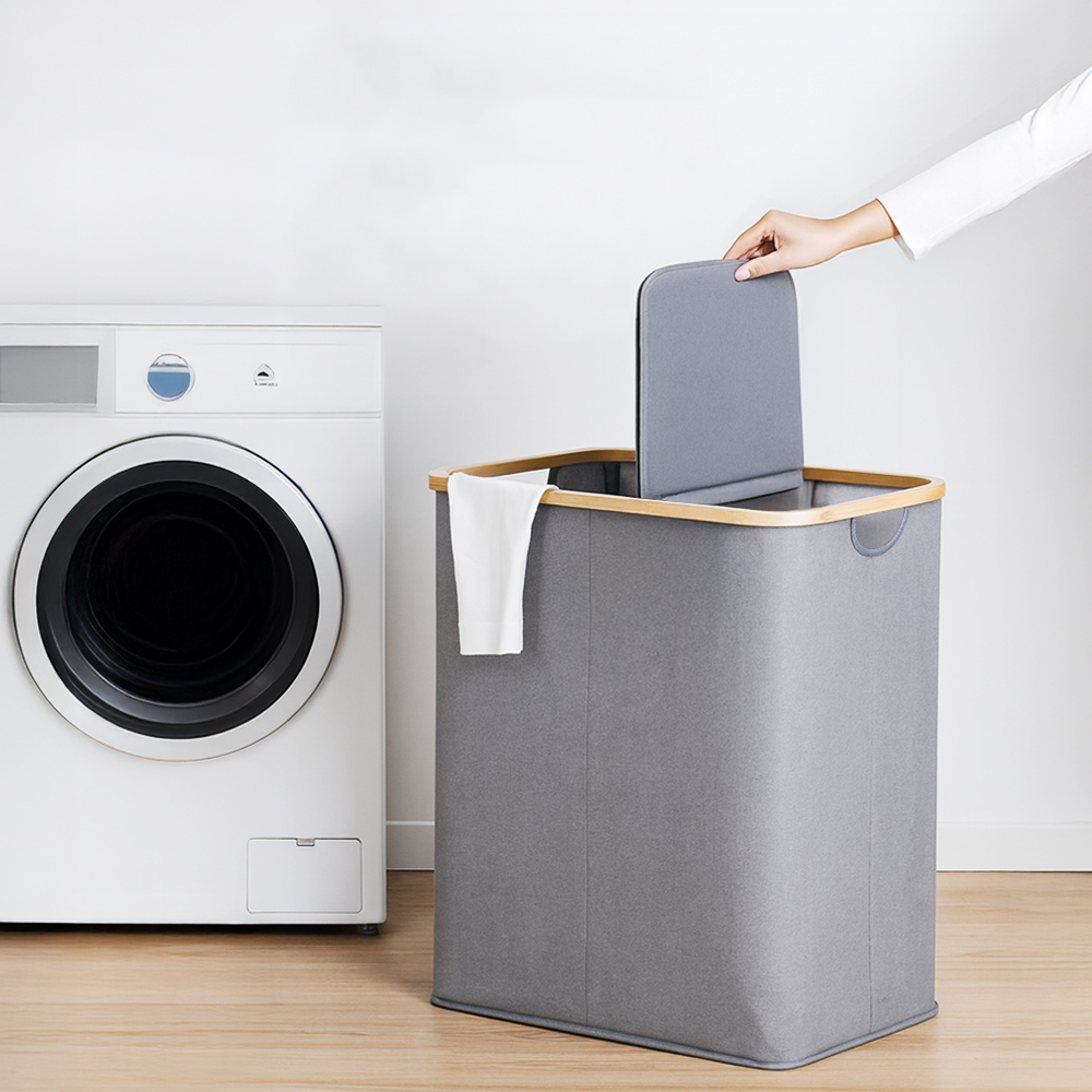 【上手家居】掀蓋分格洗衣籃 灰色(髒衣籃/分隔洗衣籃/污衣籃/分類洗衣籃/分類髒衣籃), , large
