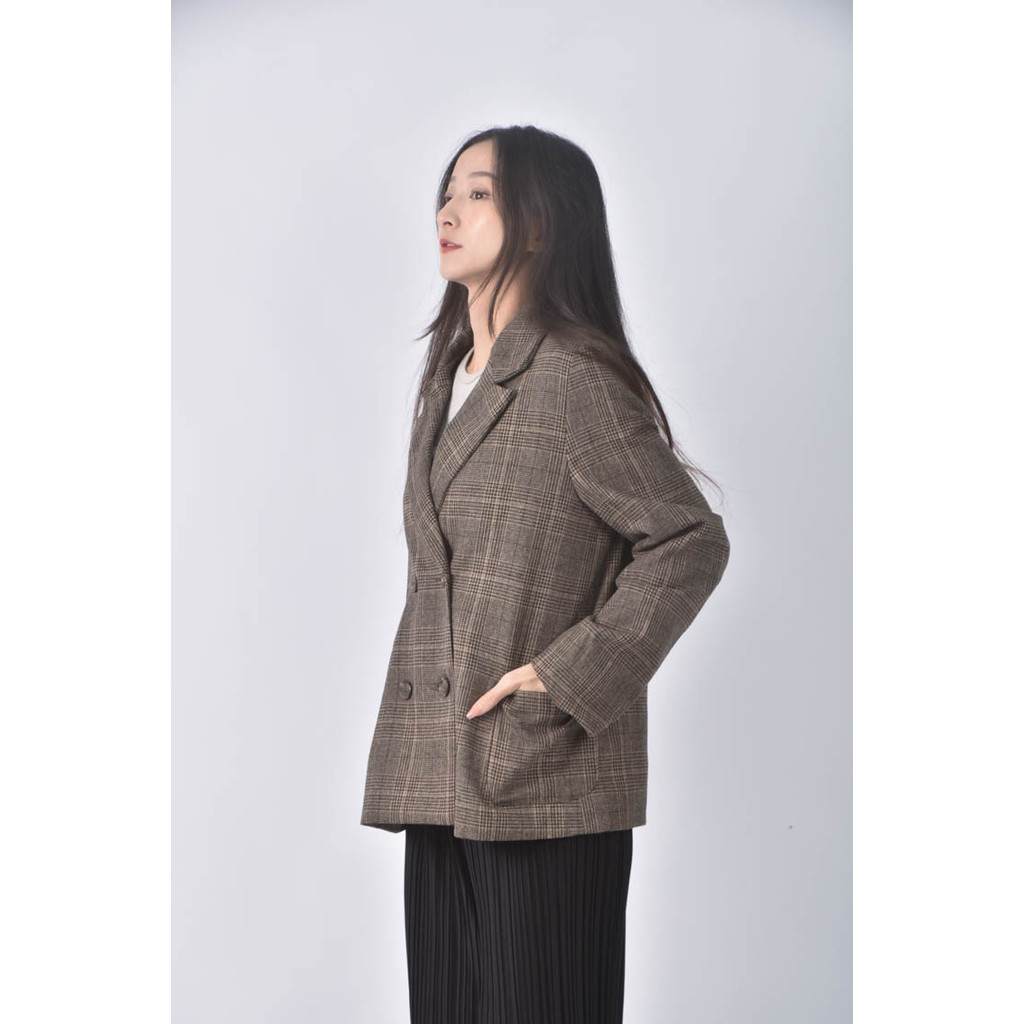 (L) meier q格紋棕色外套二手衣, , large