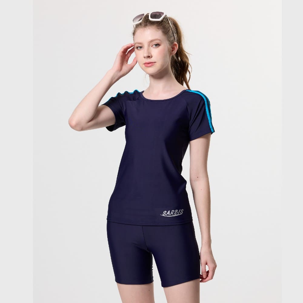 Monina Taiwan-made girls short-sleeved two-piece swimsuit with blue piping on shoulders, dark blue, , large