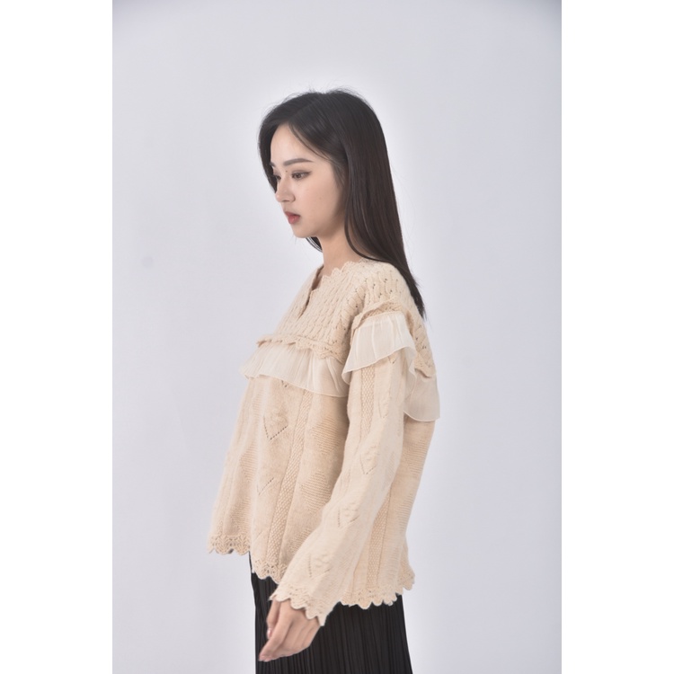 (F) 質感拼接杏色長袖上衣二手衣, , large