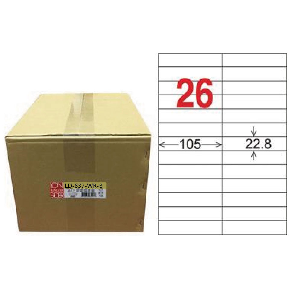【龍德】LONGDER 三用電腦標籤 A4 26格 22.8*105mm可再貼1000張/箱 LD-837-WR-B(適用雷射、噴墨、影印), , large