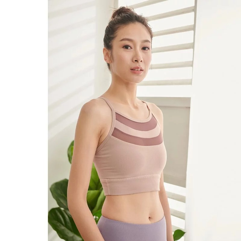 YOGA FLOW Suria Bra - 撞色網紗短版上衣 - 珊瑚粉 Apricot Pink