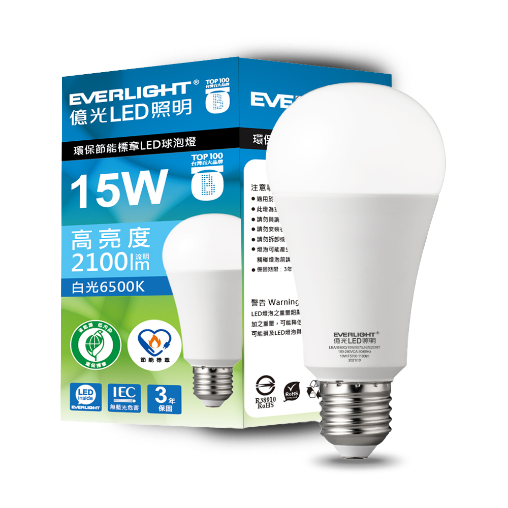 Everlight億光 6入組 15W 環保節能標章LED燈泡(白光/黃光/自然光), , large