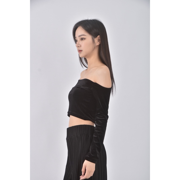 (S) 【智恩私服】qianhan質感修身短版一字領黑色長袖上衣二手衣, , large