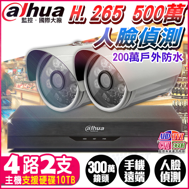 【帝網KingNet】大華 4路2支 1080P 紅外線夜視 H.265 監控套餐 5MP 500萬 主機, , large