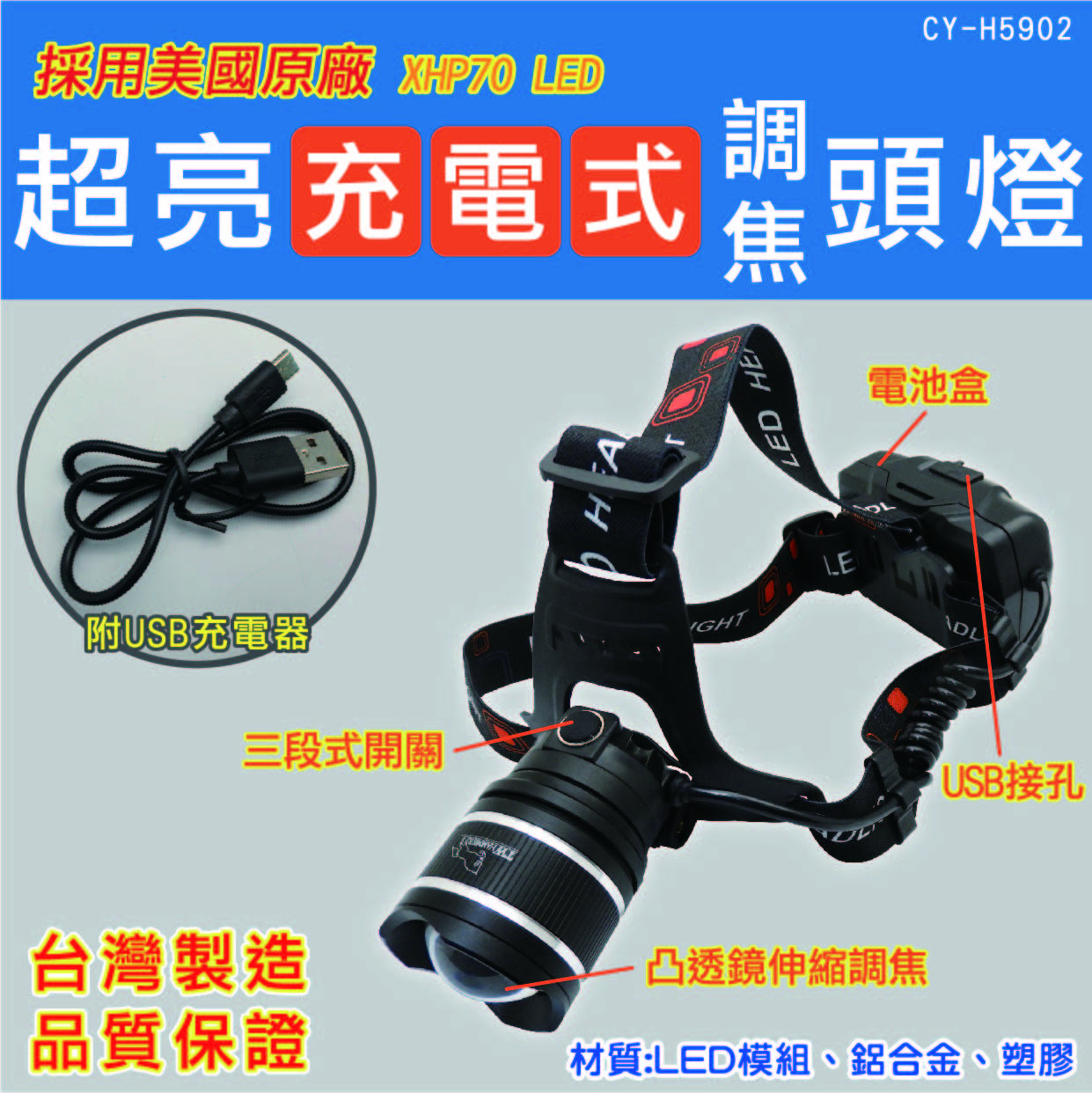 [寶旺旺]TW焊馬 69W超亮充電式調焦頭燈 CY-H5902, , large