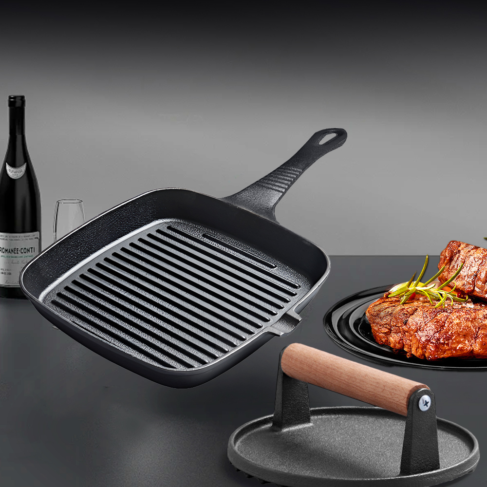 【上手家居】鑄鐵壓肉板牛排鍋組(烤盤/烤肉盤/鑄鐵烤盤/煎鍋/鑄鐵平底鍋/燒烤盤/壓肉器), , large