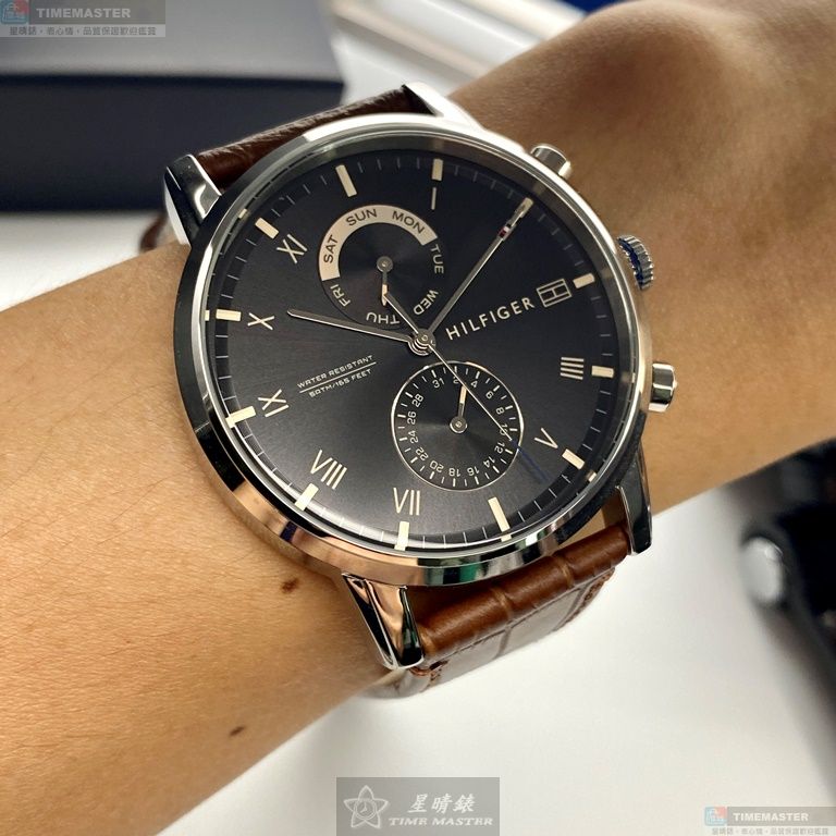 [星晴錶業]TommyHilfiger手錶,44mm,TH00018黑色錶面銀錶殼咖啡色真皮皮革錶帶款, , large