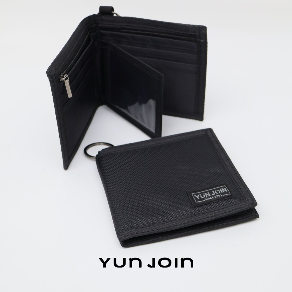 【YUNJOIN】尼龍對摺短夾-黑色 防潑水耐磨 卡片零錢收納 休閒百搭皮夾 含鑰匙圈, , large