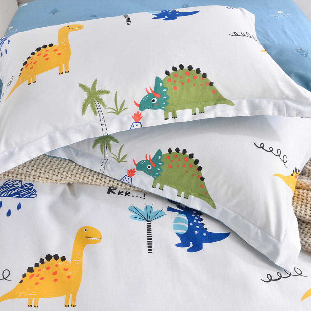 【Betrise】Blue Dinosaur | Environmentally friendly printing and dyeing anti-mite and antibacterial 100% combed cotton dual-purpose quilt and bed sheet set - Large size, , large