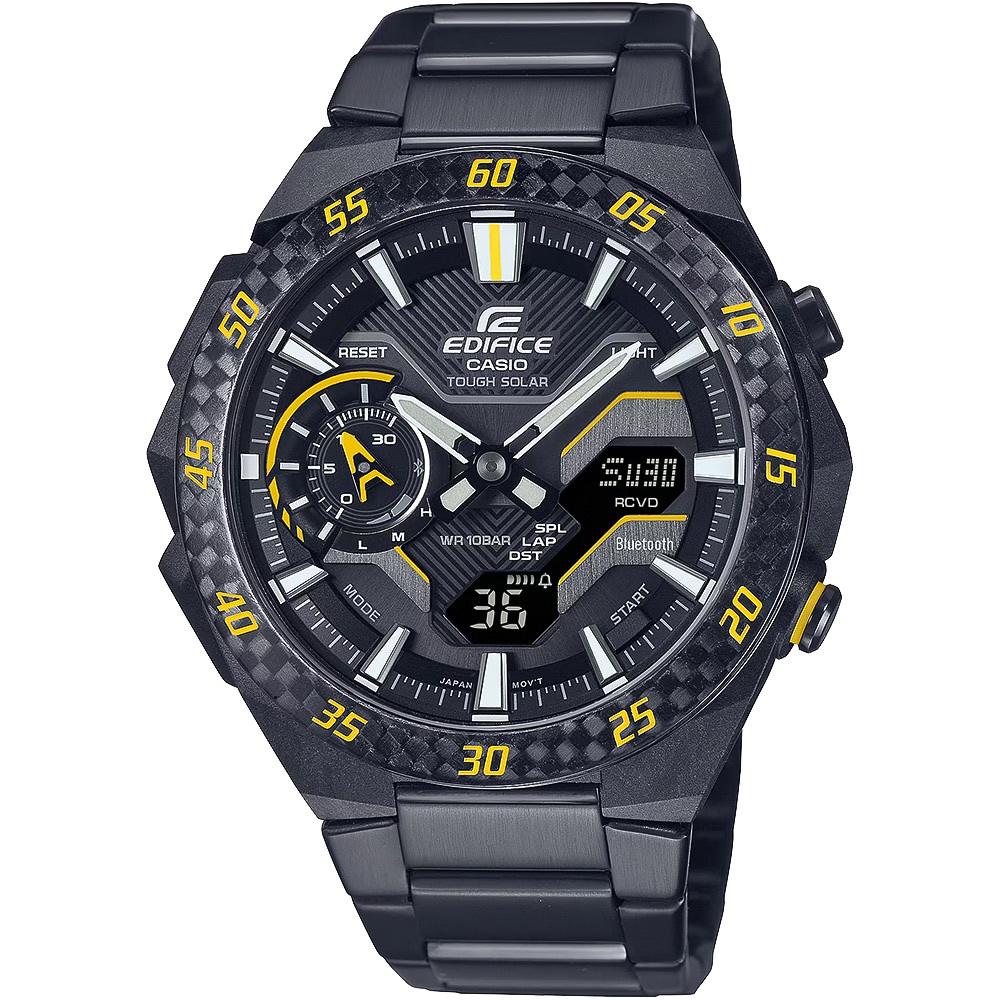 CASIO 卡西歐 EDIFICE 賽車方格旗 太陽能藍芽手錶-黑x黃色 ECB-2200RC-1A9