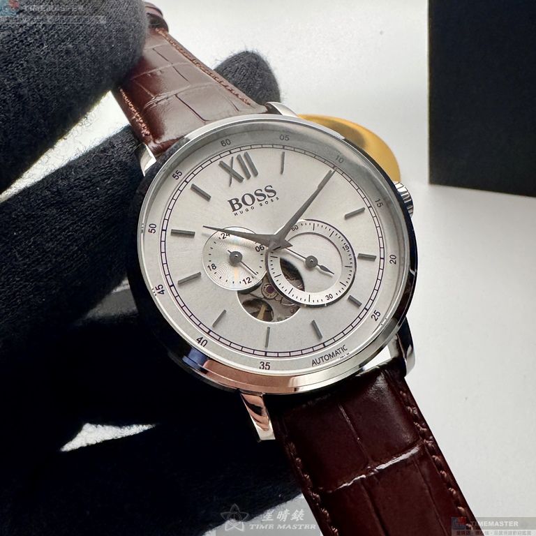 [星晴錶業]BOSS手錶,44mm,HB1513505銀白色錶面銀錶殼咖啡色真皮皮革錶帶款, , large