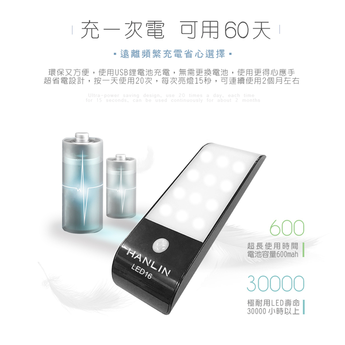 [HANLIN]-LED16 磁吸USB充電人體感應燈#USB 照明手電筒 壁懸掛 黏貼 小夜燈 夜間照明燈(白光), , large