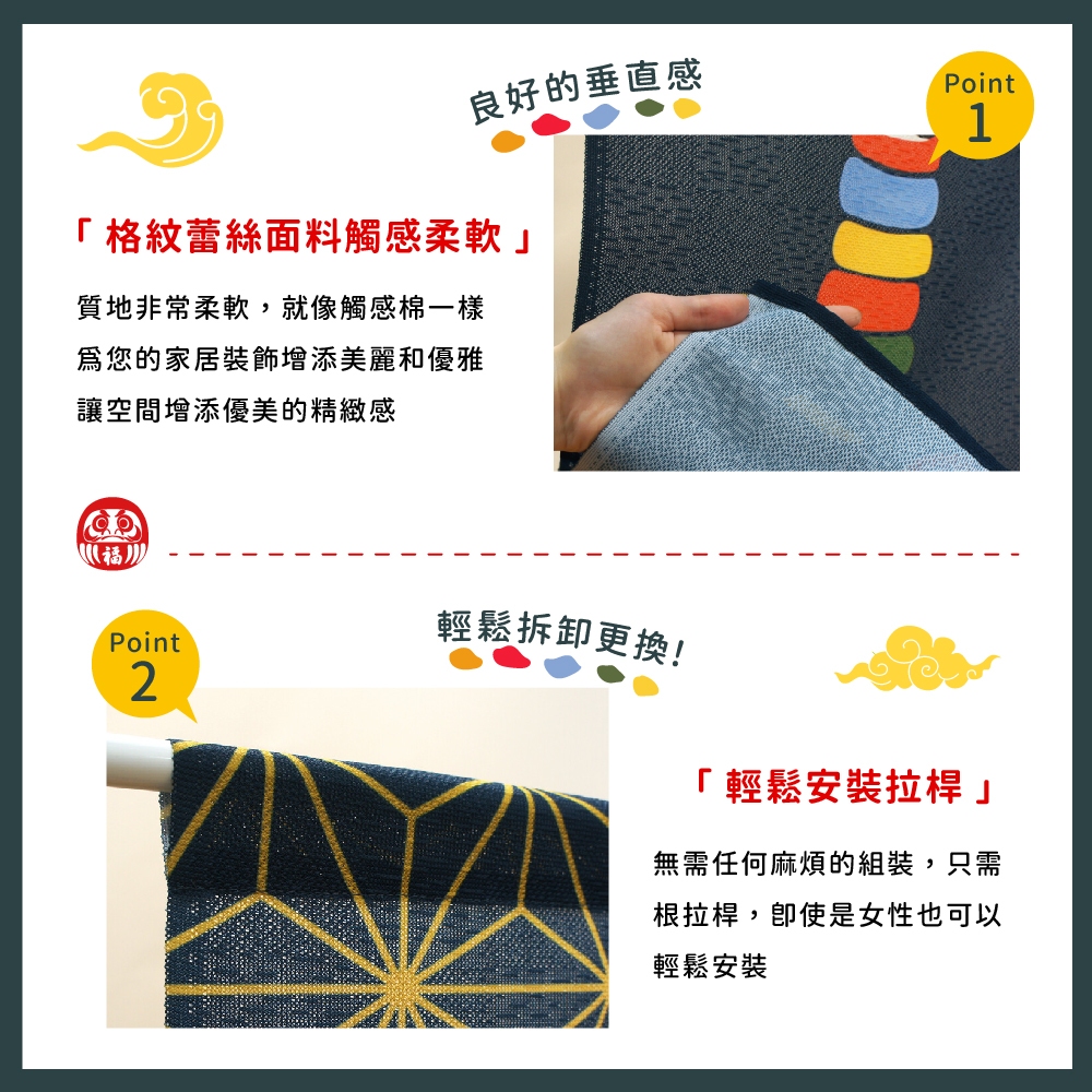 日本製【コスモ】長門簾《達摩七福神》幸運藍, , large