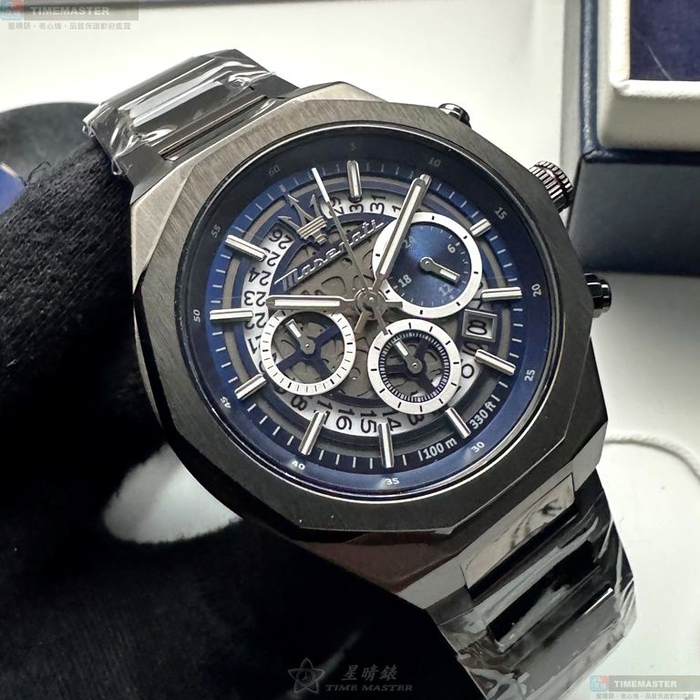 [星晴錶業]MASERATI手錶,46mm,R8873642012寶藍機械鏤空錶面黑錶殼深黑色精鋼錶帶款, , large