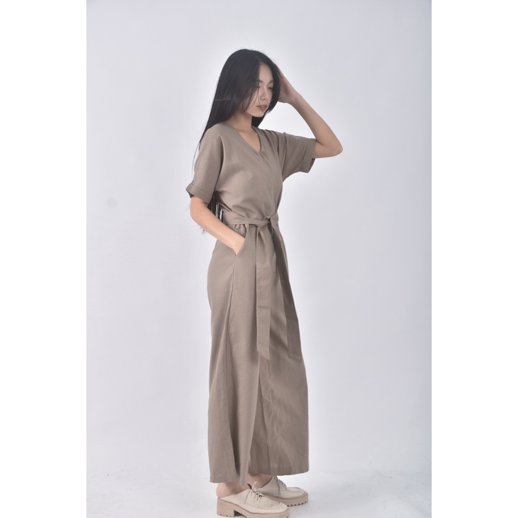 (2XL) before高腰拉鍊棕色綁帶連身裝二手衣, , large