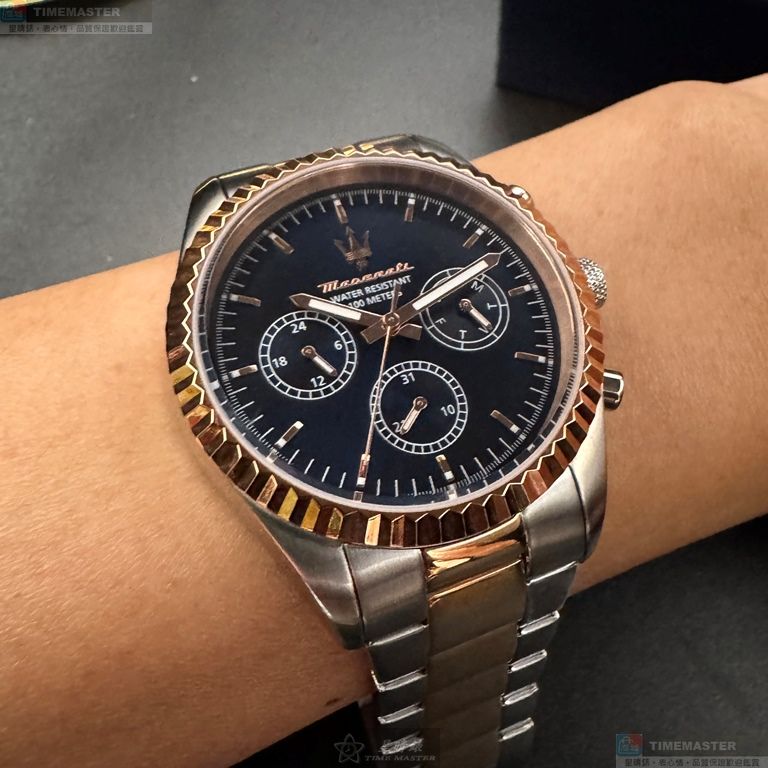 [星晴錶業]MASERATI手錶,42mm,R8853100040寶藍色錶面玫瑰金錶殼金銀相間精鋼錶帶款, , large